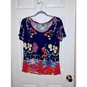 DESIGUAL Viscose Stretch Floral Print Studded Short Sleeve Scoop Neck Top Sz M